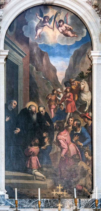 St. Benedict welcomes his disciples, Maurus and Placidus