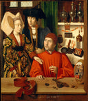 St. Eligius as a goldsmith showing a ring to the engaged couple by Petrus Christus — religion oil painting wall art, Northern Renaissance