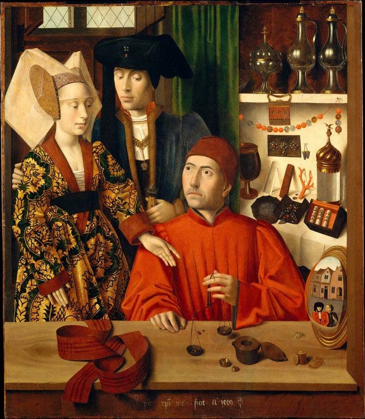 St. Eligius as a goldsmith showing a ring to the engaged couple - Petrus Christus