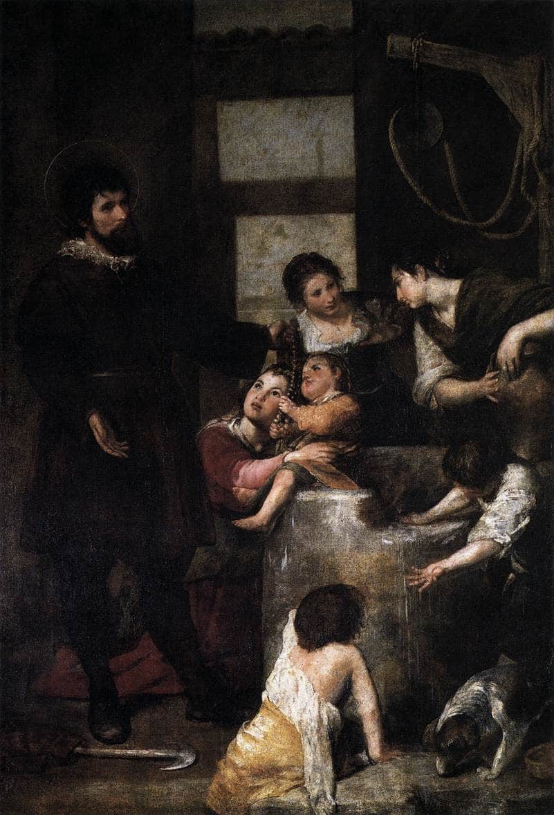 St. Isidore saves a child that had fallen in a well by Alonzo Cano — hand-painted portrait oil painting reproduction on canvas