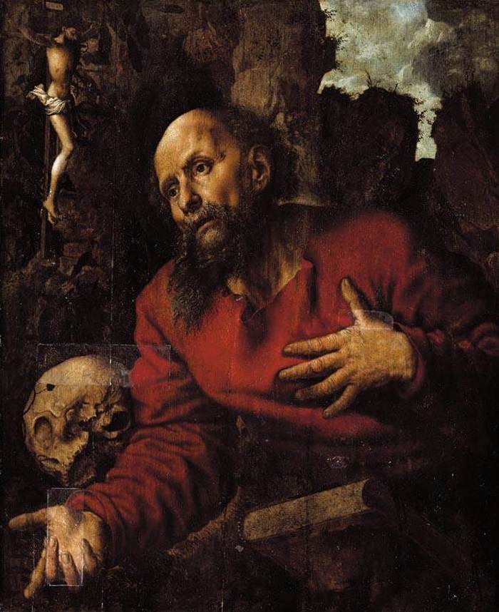 St. Jerome praying before a rocky grotto - Jan van Hemessen