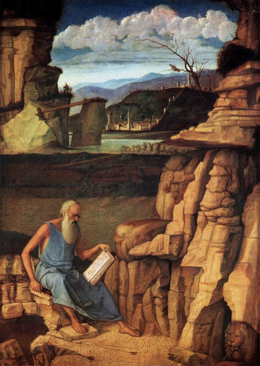 St Jerome Reading in the Countryside by Giovanni Bellini — hand-painted landscape oil painting reproduction on canvas