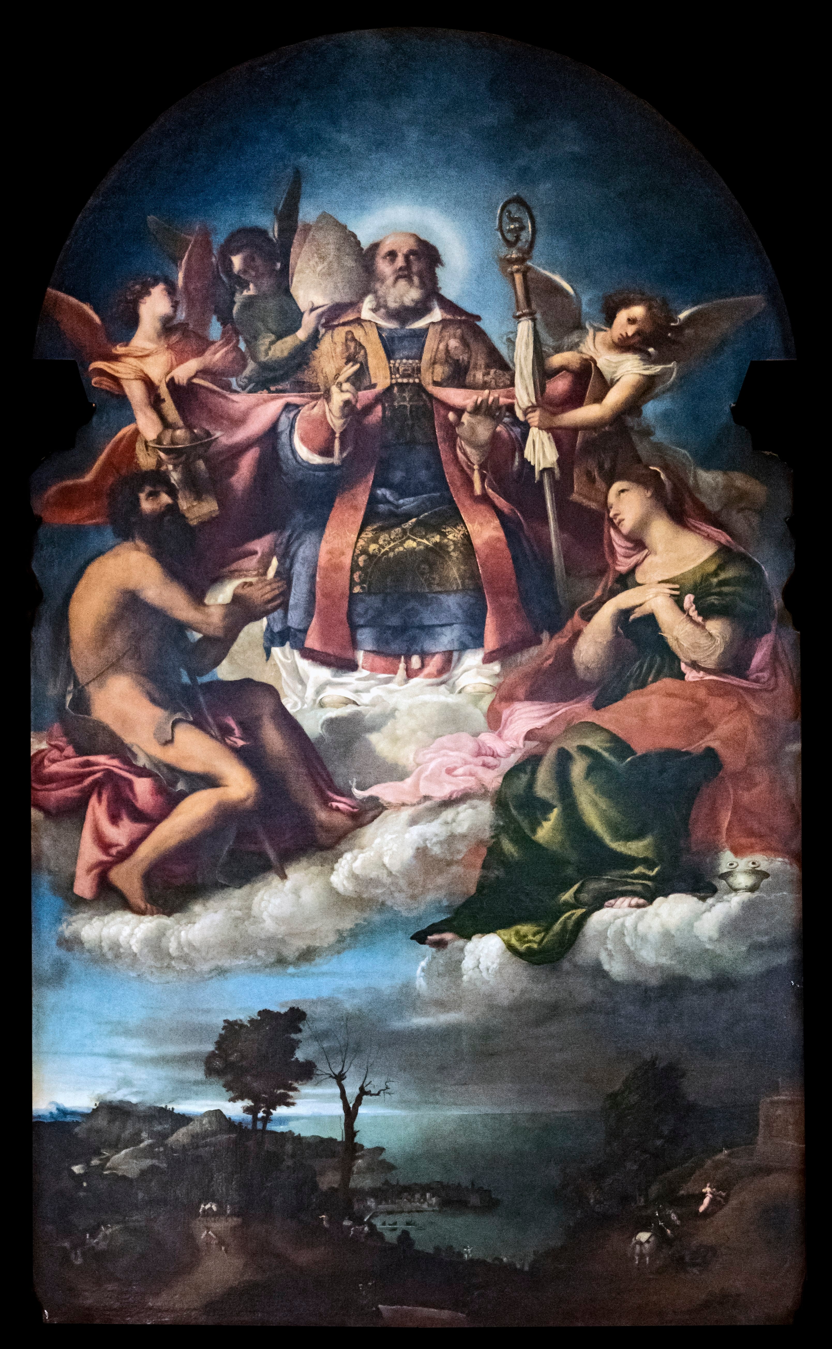 St. Nicholas in Glory with St. John the Baptist, St. Lucy and below St. George Slaying the Dragon - Lorenzo Lotto