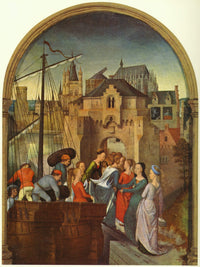 St. Ursula and her companions landing at Cologne, from the Reliquary of St. Ursula by Hans Memling — hand-painted architectural oil painting reproduction on canvas
