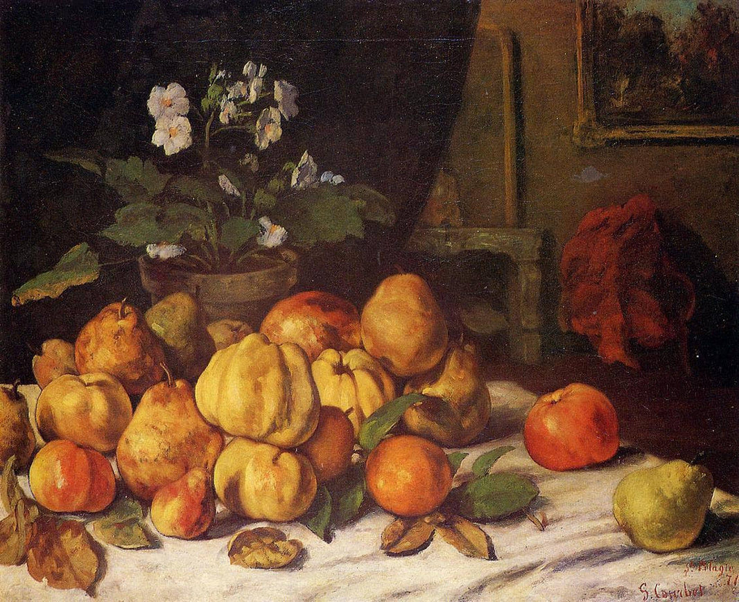 Still Life Apples, Pears and Flowers on a Table, Saint Pelagie by Gustave Courbet — hand-painted botanical oil painting reproduction on canvas