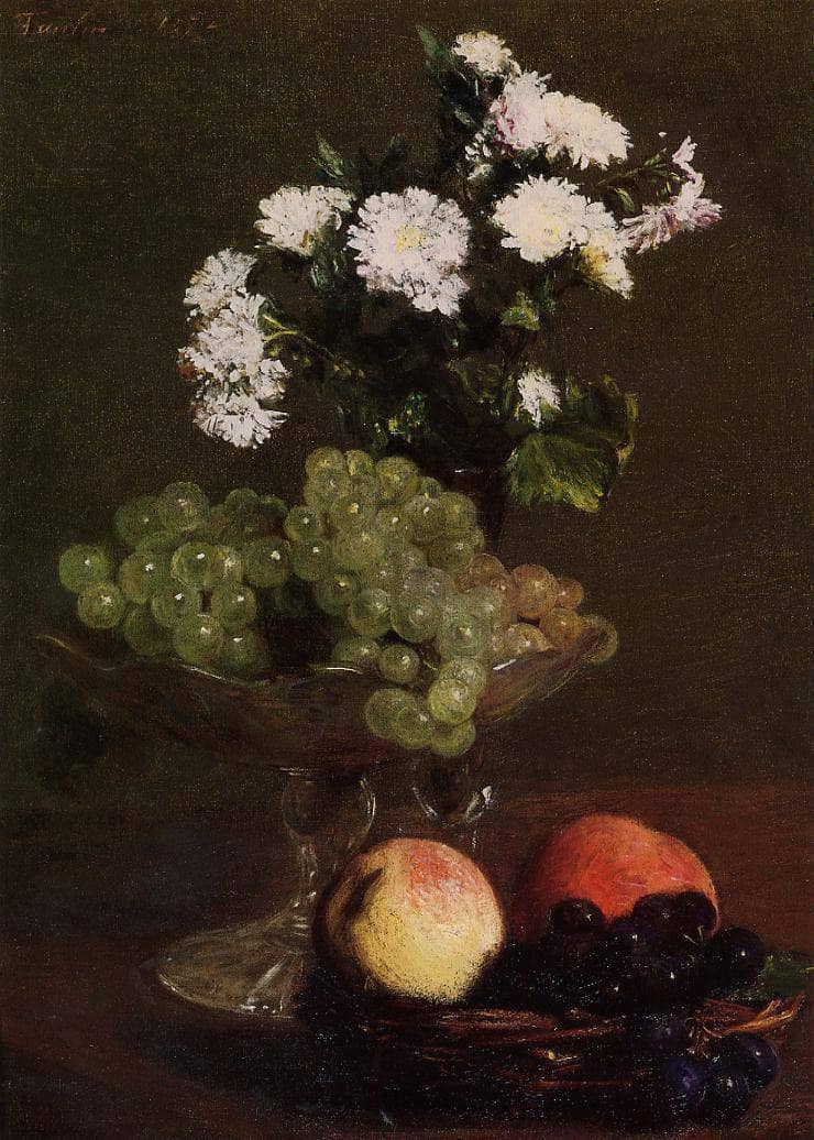 Still Life Chrysanthemums and Grapes by Henri Fantin-Latour — hand-painted botanical oil painting reproduction on canvas