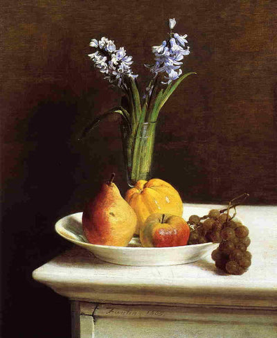 Still Life Hyacinths and Fruit in bedroom