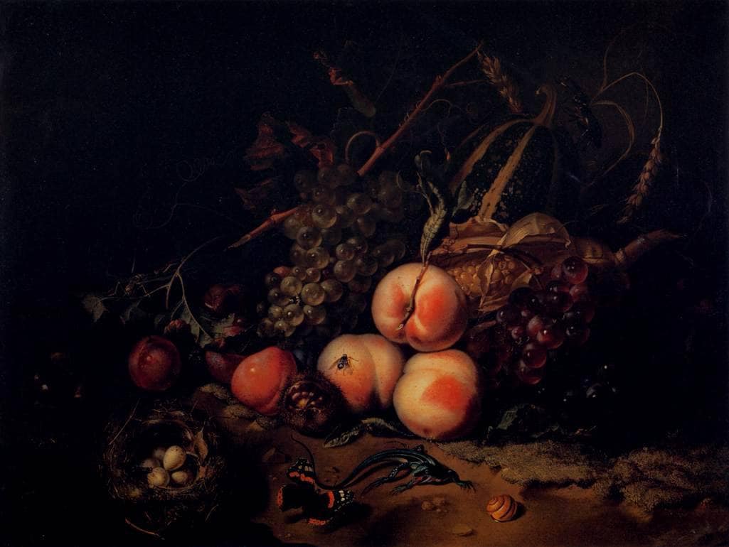 Still Life of Fruits, Animals and Insects on a Moss Floor by Rachel Ruysch — hand-painted photography oil painting reproduction on canvas