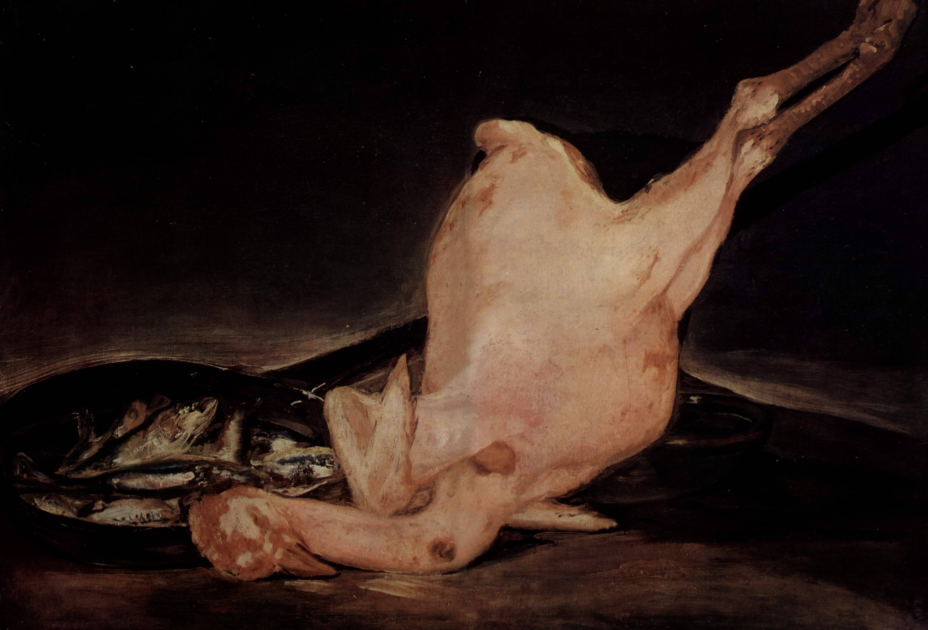 Still life, plucked turkey and pan with fish - Francisco Goya