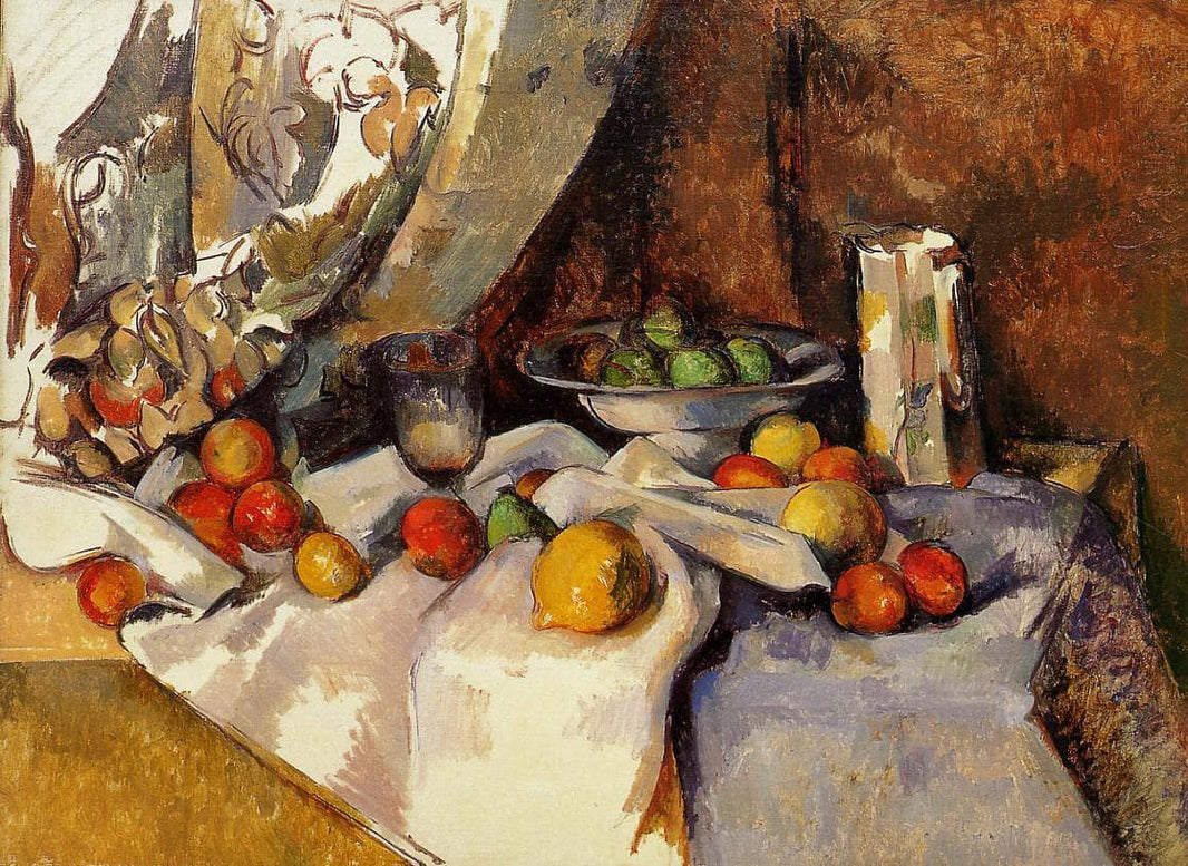 Still Life Post, Bottle, Cup and Fruit by Paul Cezanne — hand-painted photography oil painting reproduction on canvas