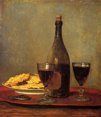 Still Life: Two Glasses of Red Wine, a Bottle of Wine, a Corkscrew and a Plate of Biscuits on a Tray by Albrecht Anker — hand-painted photography oil painting reproduction on canvas