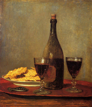 Still Life: Two Glasses of Red Wine, a Bottle of Wine, a Corkscrew and a Plate of Biscuits on a Tray - Albrecht Anker