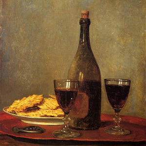 Still Life: Two Glasses of Red Wine, a Bottle of Wine, a Corkscrew and a Plate of Biscuits on a Tray