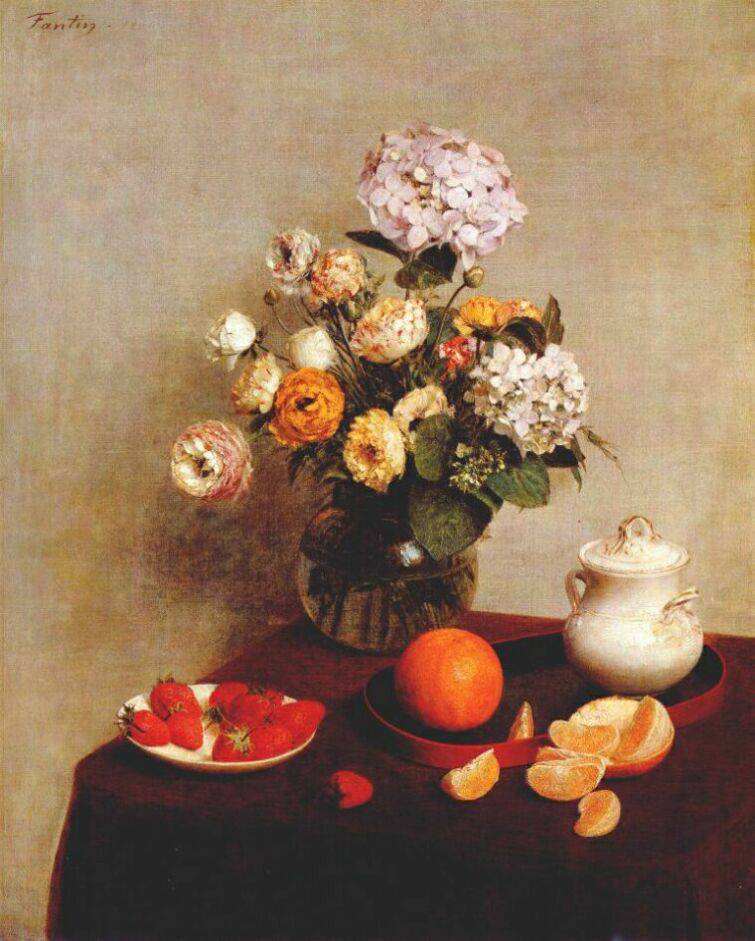 Still Life Vase Of Hydrangeas And Ranunculus - Henri Fantin-Latour