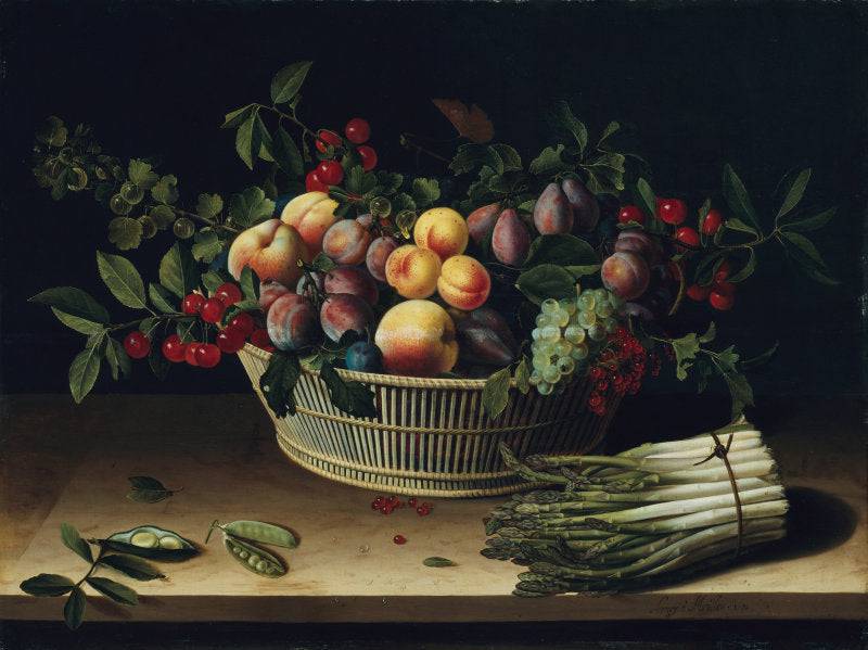 Still Life with a Basket of Fruit and a Bunch of Asparagus - Louise Moillon