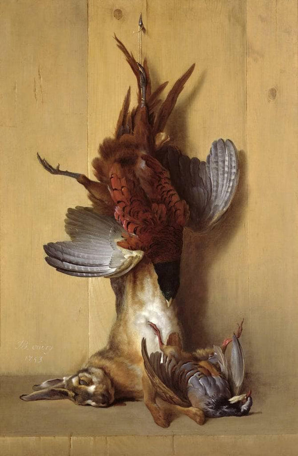 Still life with a hare, a pheasant and a red partridge