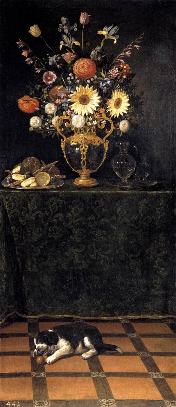 Still Life with a Puppy by Juan van der Hamen, hand-painted still oil painting reproduction on canvas