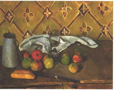Still life with apples, servettes and a milkcan in apartment