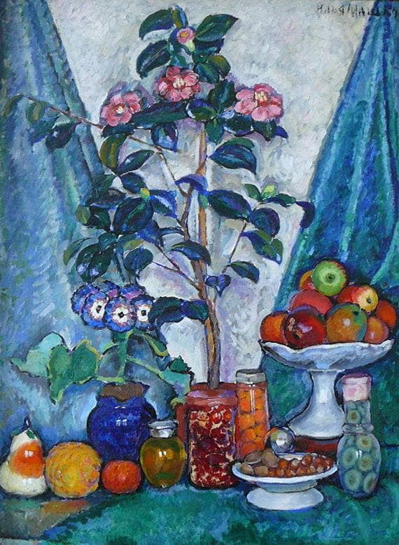 Still Life with Camellias by Ilya Mashkov — hand-painted botanical oil painting reproduction on canvas