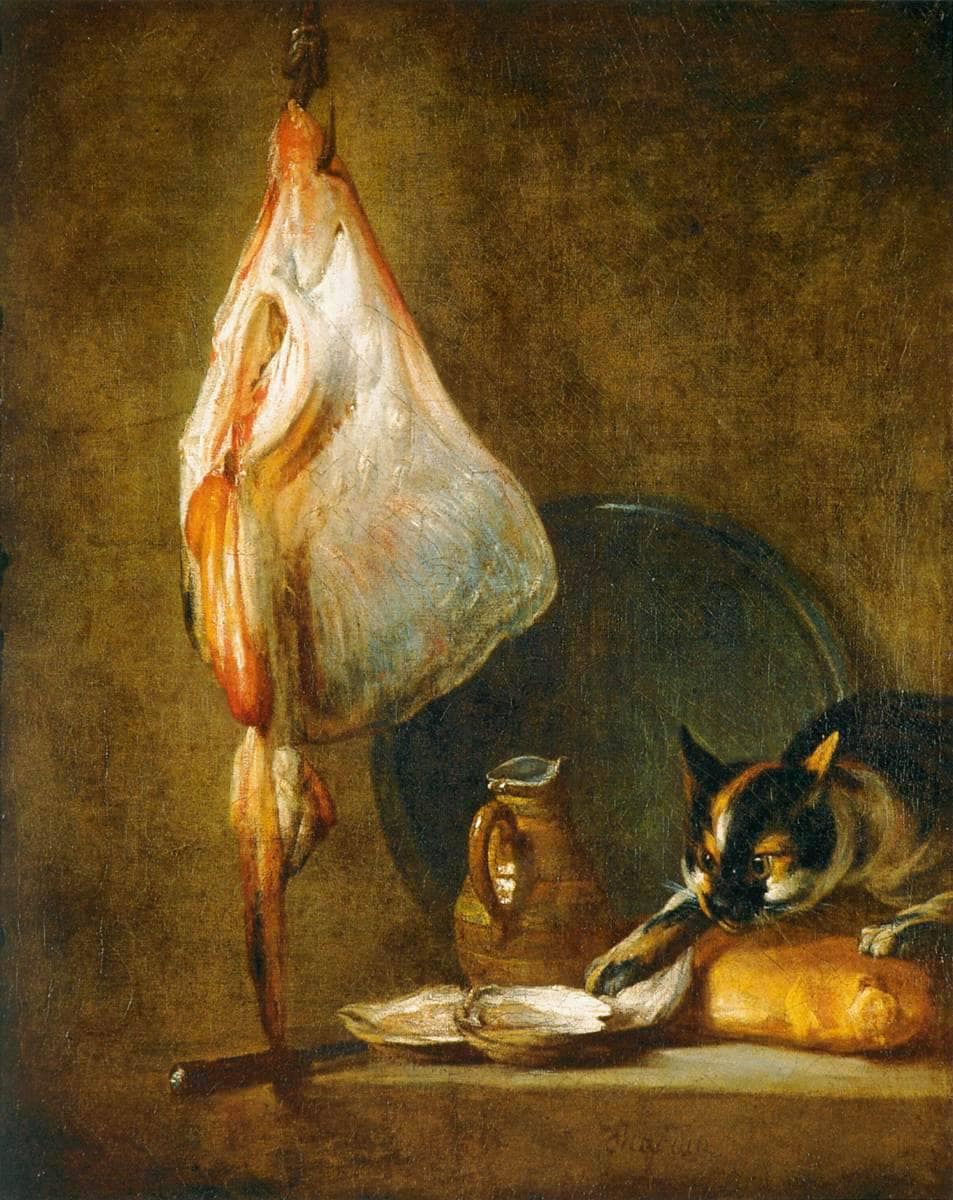 Still Life with Cat and Rayfish by Jean-Baptiste-Simeon Chardin — hand-painted animal oil painting reproduction on canvas