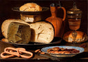 Still Life with Cheeses, Almonds and Pretzels by Clara Peeters — life oil painting wall art, Baroque