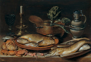 Still Life with Fish, Candle, Artichokes, Crabs and Shrimp - Clara Peeters