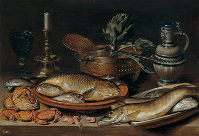 Still Life with Fish, Candle, Artichokes, Crabs and Shrimp in kitchen