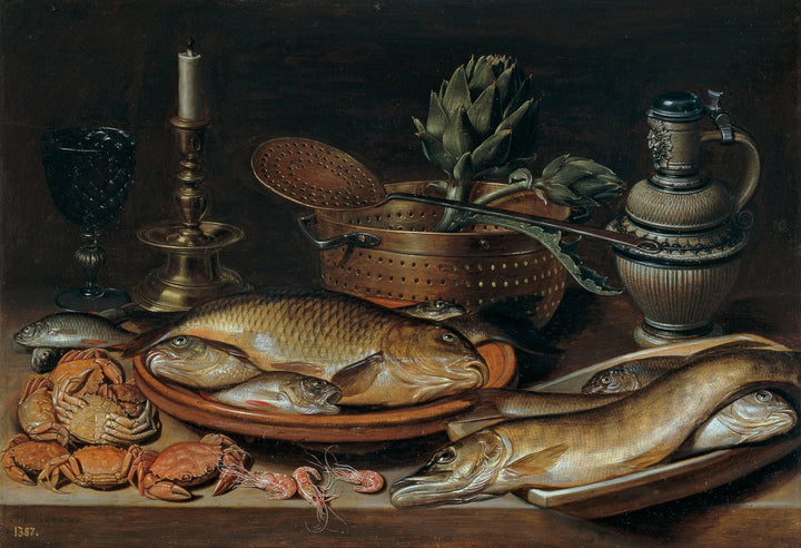 Still Life with Fish, Candle, Artichokes, Crabs and Shrimp by Clara Peeters — hand-painted photography oil painting reproduction on canvas