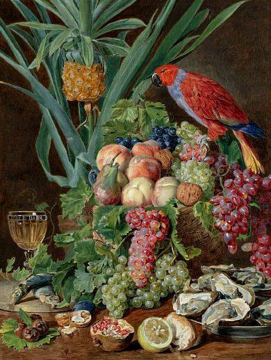 Still Life with Fruit and Parrot - Ferdinand Georg Waldmüller