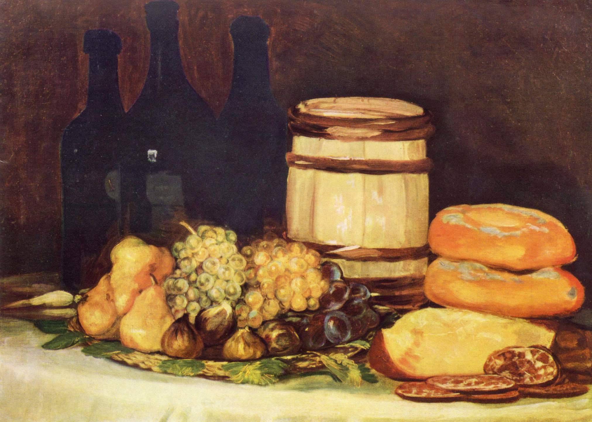 Still life with fruit, bottles, breads - Francisco Goya