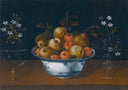Still life with fruit in a porcelain bowl flanked by a pair of glass vases by Tomás Yepes — hand-painted still oil painting reproduction on canvas