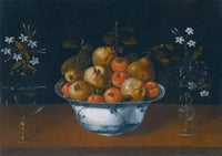 Still life with fruit in a porcelain bowl flanked by a pair of glass vases by Tomás Yepes — hand-painted still oil painting reproduction on canvas