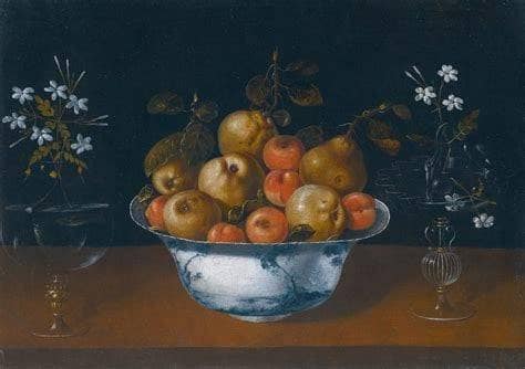 Still life with fruit in a porcelain bowl flanked by a pair of glass vases