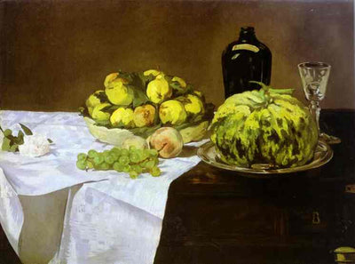 Still life with melon and peaches in entryway