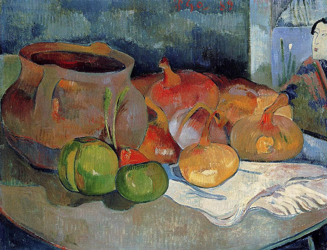 Still life with onions, beetroot and Japanese print by Paul Gauguin — hand-painted photography oil painting reproduction on canvas