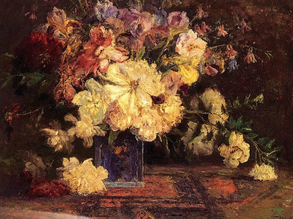 Still Life with Peonies by T. C. Steele — hand-painted botanical oil painting reproduction on canvas
