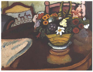 Still life with pillow with deer décor and a bouquet - August Macke