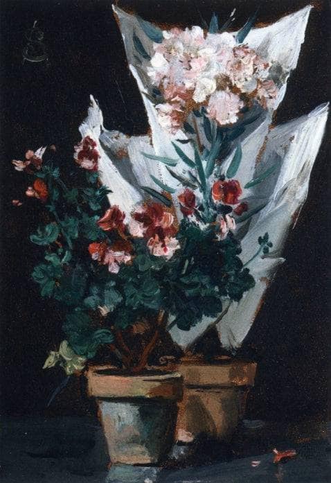 Still Life with Potted Geraniums by Alfred Stevens — hand-painted botanical oil painting reproduction on canvas
