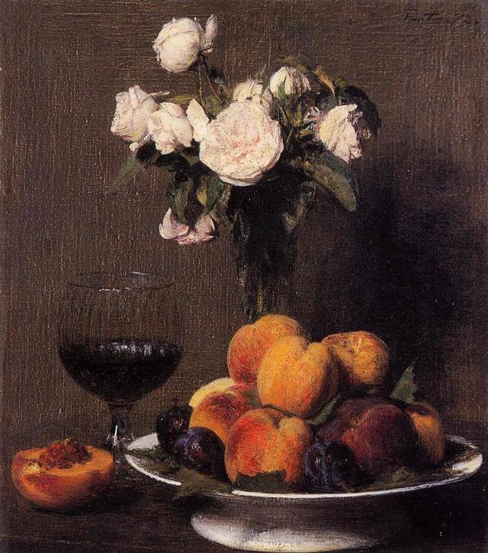 Still Life with Roses, Fruit and a Glass of Wine by Henri Fantin-Latour — hand-painted photography oil painting reproduction on canvas