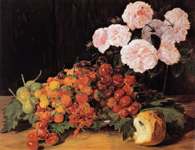 Still life with roses, strawberries, and bread in study