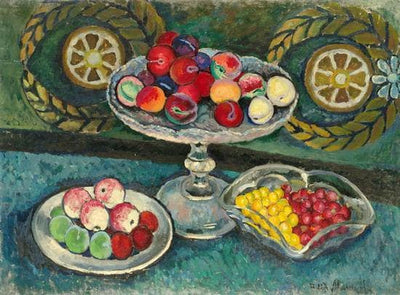 Still life with wreaths, apples and plums in modern living room