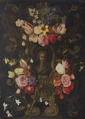 Stone cartouche with Madonna, surrounded by Flower Garlands by Erasmus Quellinus the Younger — hand-painted still oil painting reproduction on canvas
