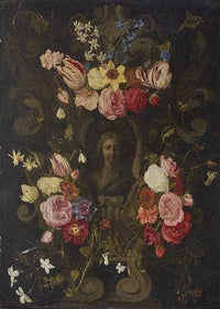 Stone cartouche with Madonna, surrounded by Flower Garlands