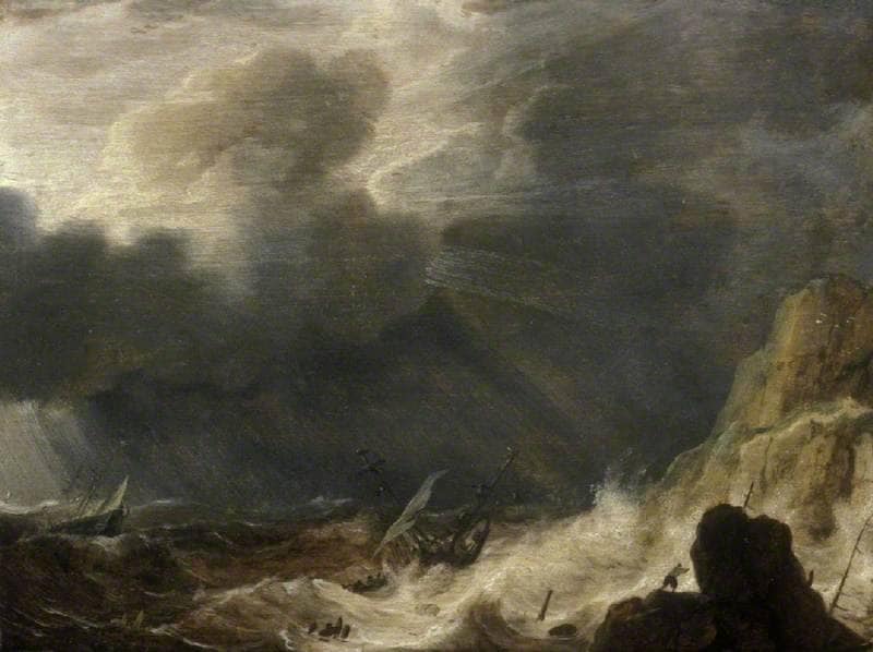 Storm with a Wreck by Simon de Vlieger — hand-painted landscape oil painting reproduction on canvas