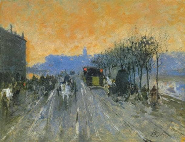 Street of Milan at sunset by Mosè Bianchi — hand-painted landscape oil painting reproduction on canvas