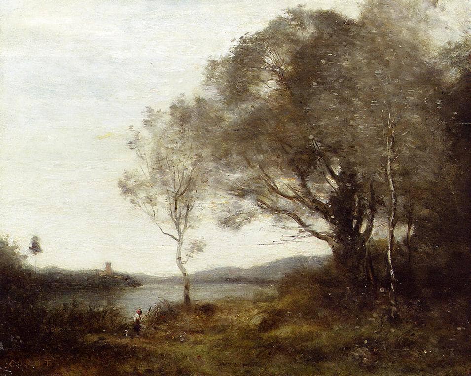 Strolling along the Banks of a Pond by Camille Corot — hand-painted botanical oil painting reproduction on canvas