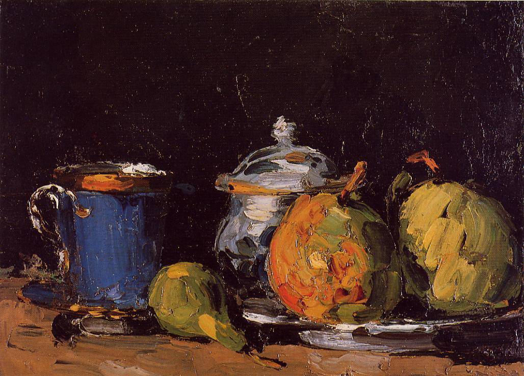 Sugar Bowl, Pears and Blue Cup - Paul Cezanne