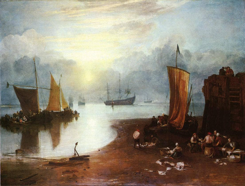 Sun Rising through Vapour: Fishermen Cleaning and Selling Fish on gallery wrap
