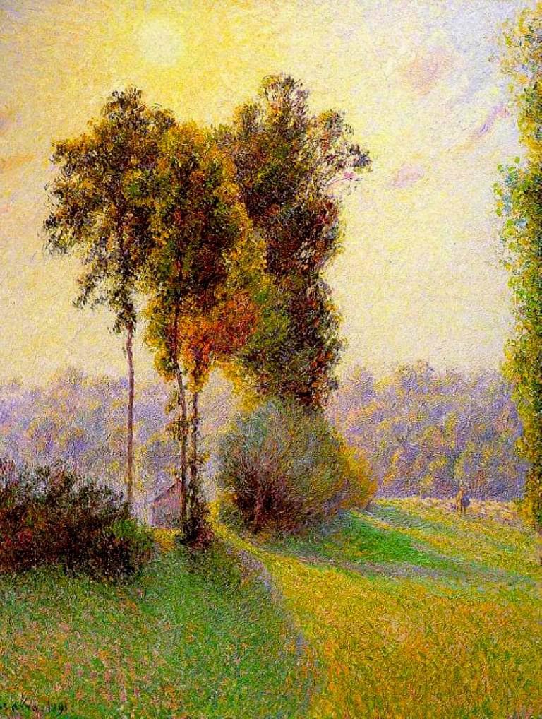 Sunset at Sent Charlez. Eragny by Camille Pissarro — hand-painted botanical oil painting reproduction on canvas