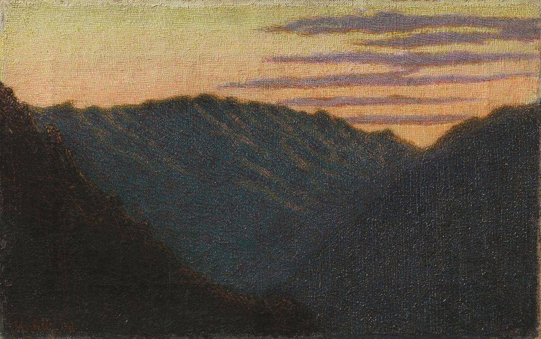 Sunset in the mountains by Angelo Morbelli — hand-painted landscape oil painting reproduction on canvas